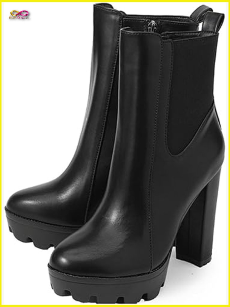 Black Platform Chunky Heel Combat Ankle Booties Side Zipper Lug Sole Y2k Punk